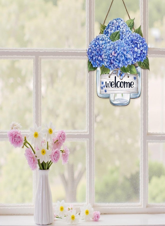 Harooni Spring Summer Hydrangea Welcome Sign for Front Door Blue Hydrangea Vase Floral Hanging Wreath 11.8"x11.8" Summer Flower Farmhouse Wood Sign Holiday Decor for Indoor Outdoor - Image 5