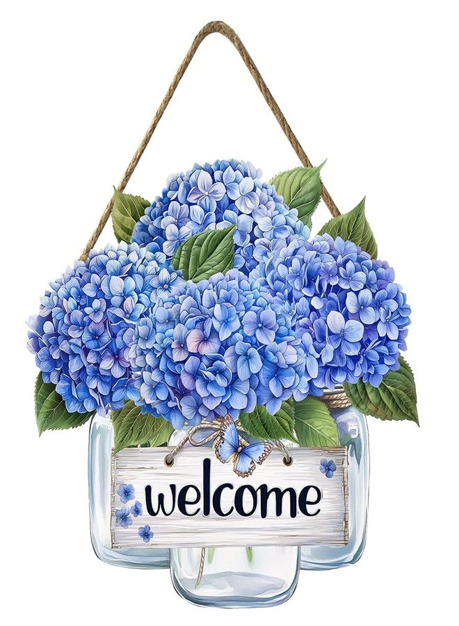 Harooni Spring Summer Hydrangea Welcome Sign for Front Door Blue Hydrangea Vase Floral Hanging Wreath 11.8"x11.8" Summer Flower Farmhouse Wood Sign Holiday Decor for Indoor Outdoor - Image 1