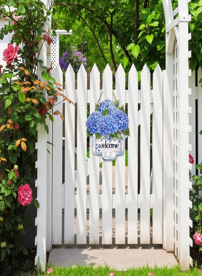 Harooni Spring Summer Hydrangea Welcome Sign for Front Door Blue Hydrangea Vase Floral Hanging Wreath 11.8"x11.8" Summer Flower Farmhouse Wood Sign Holiday Decor for Indoor Outdoor - Image 4