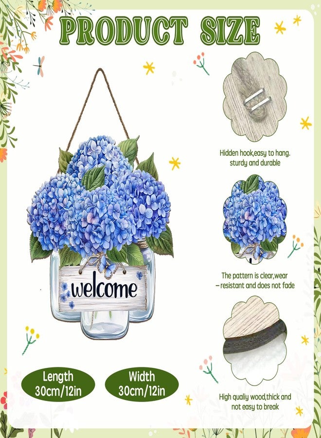 Harooni Spring Summer Hydrangea Welcome Sign for Front Door Blue Hydrangea Vase Floral Hanging Wreath 11.8"x11.8" Summer Flower Farmhouse Wood Sign Holiday Decor for Indoor Outdoor - Image 2
