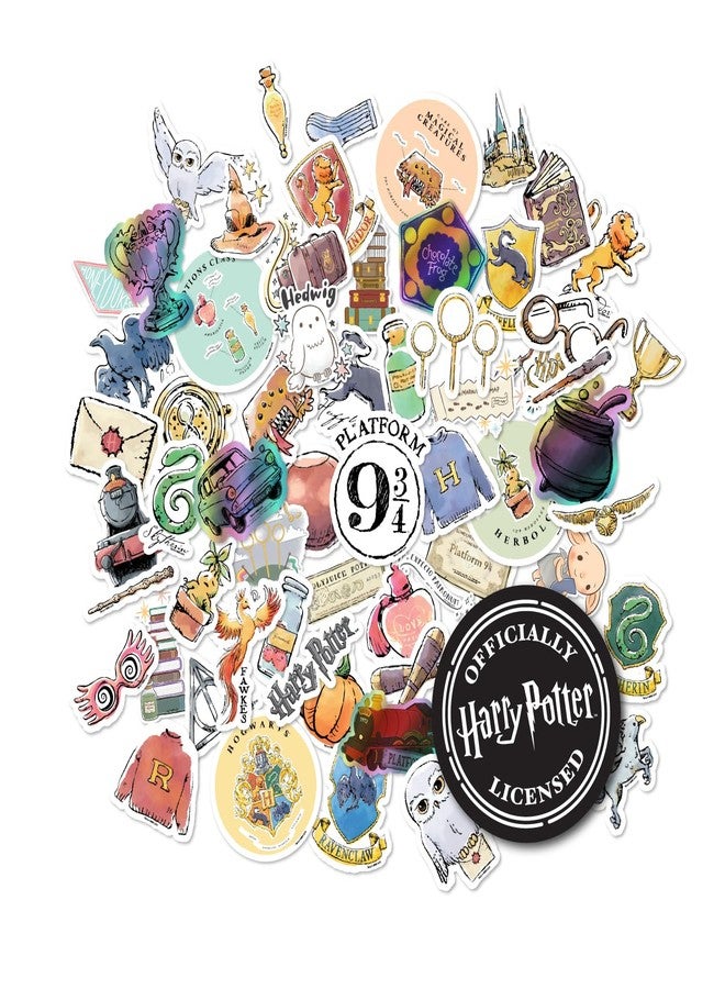 Conquest Journals Harry Potter Watercolor Vinyl Stickers, Set of Unique Sticker Decals, 5 Holograms, Waterproof, UV & Scratch Resistant, Great for Gadgets, Officially Licensed (White Vinyl, 60-Pack) - Image 1
