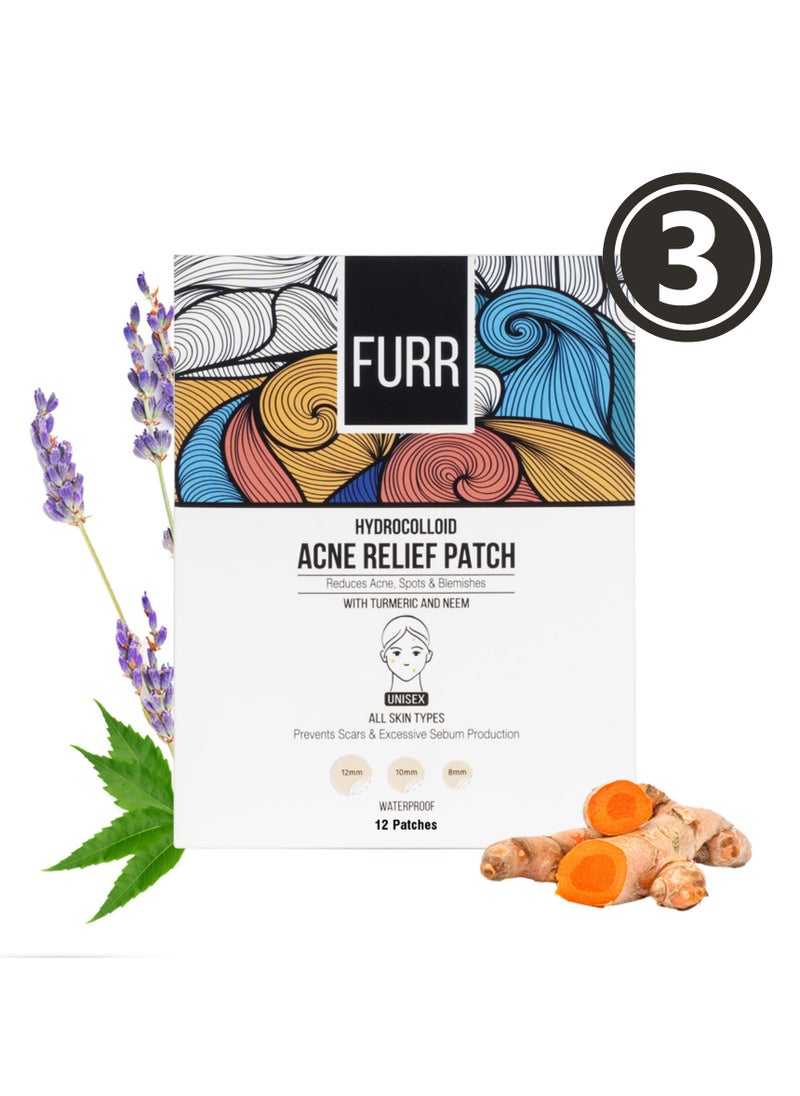 Furr - FURR Hydrocolloid Acne Relief Patches for Pimples, with Turmeric and Neem, Reduces Acne, Spots and Blemishes, Waterproof & Invisible, 12 Patches (12mm) - Pack of 3 - Image 1