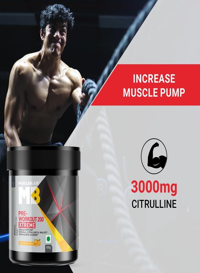 مسل بلايز مسحوق MuscleBlaze Pre Workout 200 Xtreme، بنكهة البرتقال المنعش (15 حصة، 100 غرام) | 200 ملغ كافيين، 3000 ملغ سيترولين - Image 2