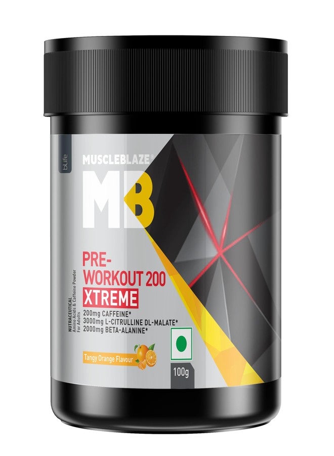 مسل بلايز مسحوق MuscleBlaze Pre Workout 200 Xtreme، بنكهة البرتقال المنعش (15 حصة، 100 غرام) | 200 ملغ كافيين، 3000 ملغ سيترولين - Image 1