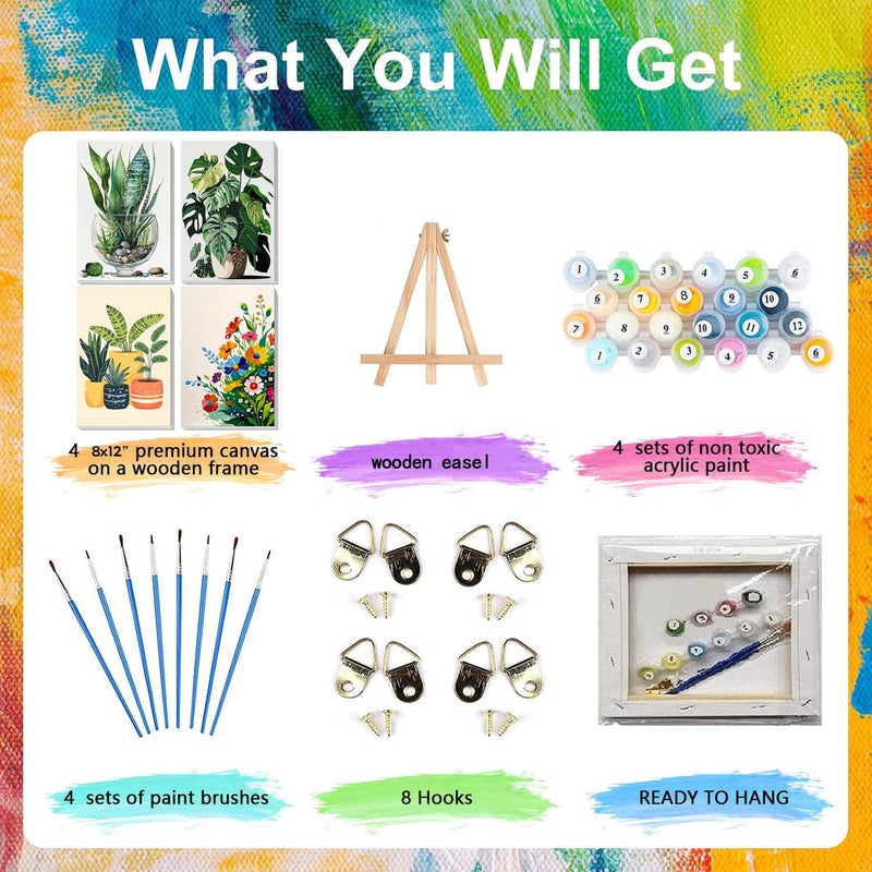 xackcme 4 Pack Paint by Numbers for Adults with Framed Canvas - with Wooden Easel, Plant Paint by Number for Beginners, Easy Flowers Acrylic Oil Painting on Canvas with Brushes for Home Wall Decor (8x12 inch) - Image 4