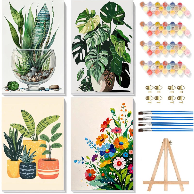 xackcme 4 Pack Paint by Numbers for Adults with Framed Canvas - with Wooden Easel, Plant Paint by Number for Beginners, Easy Flowers Acrylic Oil Painting on Canvas with Brushes for Home Wall Decor (8x12 inch) - Image 1