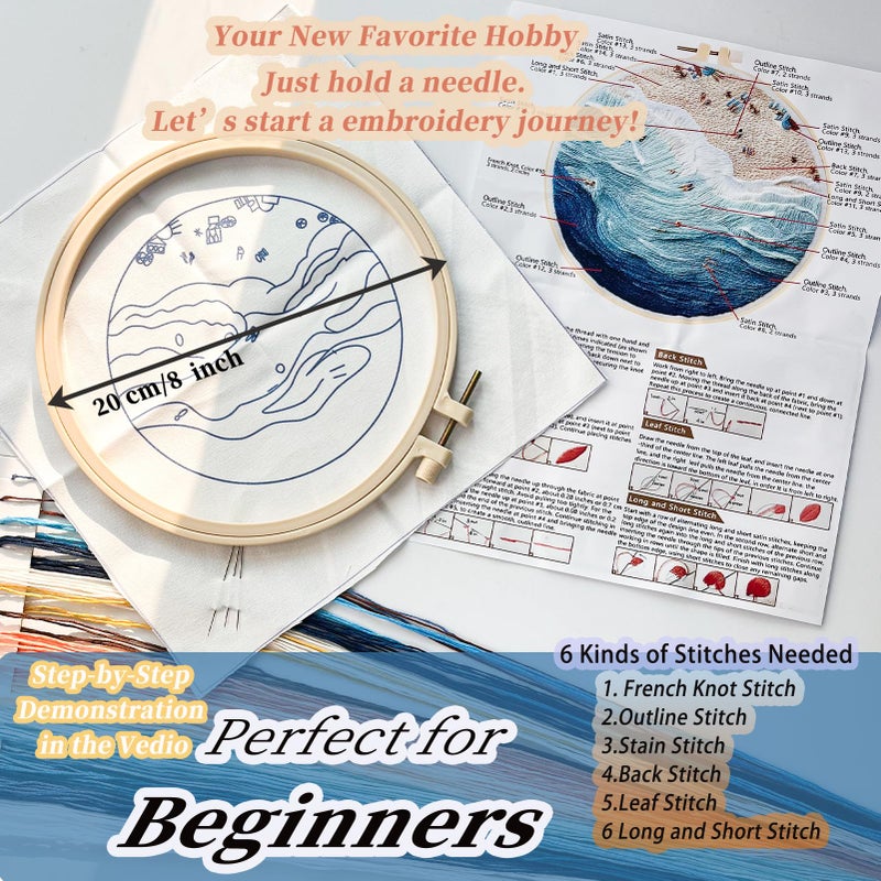 FONNUY Beach Ocean Embroidery Kit, Cross Stitch Kits for Beginners, Handmade Crafts with Printed Patterns for Beginner Adults, Easy to Follow Color Thread Needlework, 8'' Hoop (Ocean) - Image 5