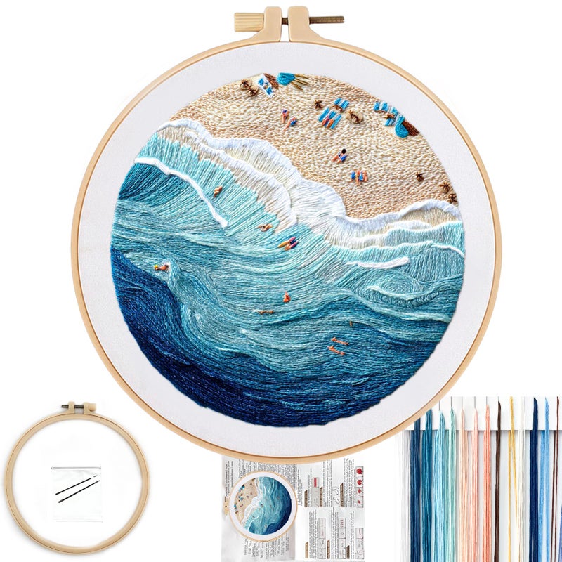 FONNUY Beach Ocean Embroidery Kit, Cross Stitch Kits for Beginners, Handmade Crafts with Printed Patterns for Beginner Adults, Easy to Follow Color Thread Needlework, 8'' Hoop (Ocean) - Image 1