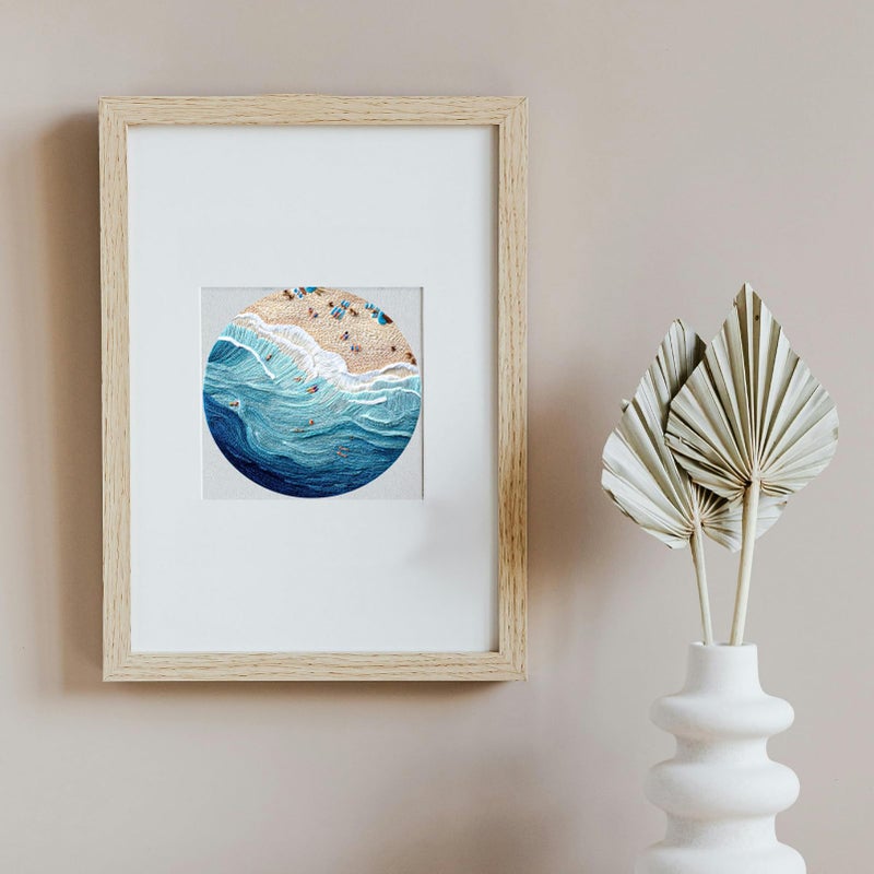 FONNUY Beach Ocean Embroidery Kit, Cross Stitch Kits for Beginners, Handmade Crafts with Printed Patterns for Beginner Adults, Easy to Follow Color Thread Needlework, 8'' Hoop (Ocean) - Image 4