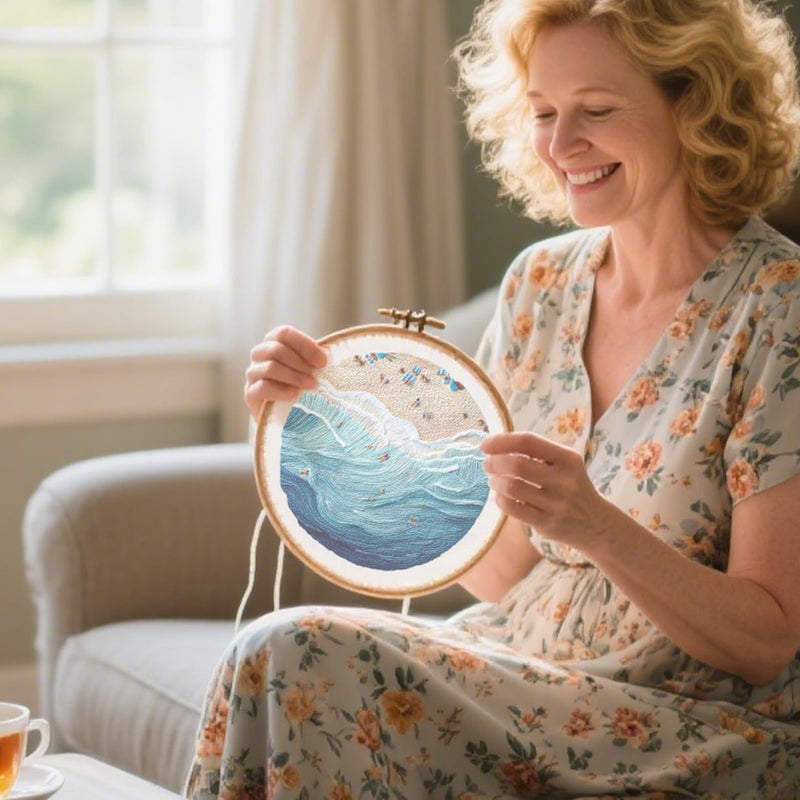 FONNUY Beach Ocean Embroidery Kit, Cross Stitch Kits for Beginners, Handmade Crafts with Printed Patterns for Beginner Adults, Easy to Follow Color Thread Needlework, 8'' Hoop (Ocean) - Image 3