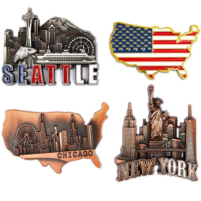 AMERICAN MAGNETS FOR FRIDGE PACK OF 4 NEW YORK CHICAGO SEATTLE US FLAG