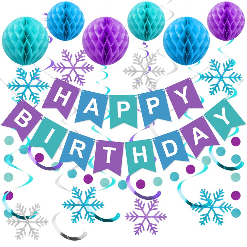 meowtastic Frozen Birthday Party Decorations Happy Birthday Banner with Honeycomb Balls Snowflake Hanging Swirls Streamers Circle Dots Garland Decorations Party Decorations for Boys Girls - Image 2