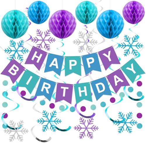 meowtastic Frozen Birthday Party Decorations Happy Birthday Banner with Honeycomb Balls Snowflake Hanging Swirls Streamers Circle Dots Garland Decorations Party Decorations for Boys Girls - Image 1
