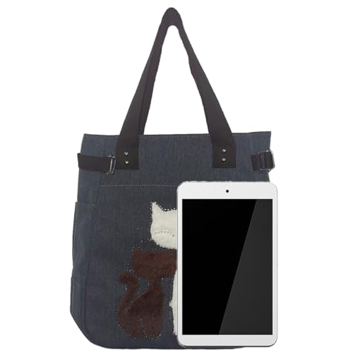 Valentoria Canvas Tote Handbag for Women Cute Cat Embroidery Shoulder Purse Large Zipper Travel Work Shopping Grocery Bags - Image 4