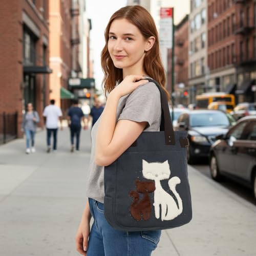 Valentoria Canvas Tote Handbag for Women Cute Cat Embroidery Shoulder Purse Large Zipper Travel Work Shopping Grocery Bags - Image 3