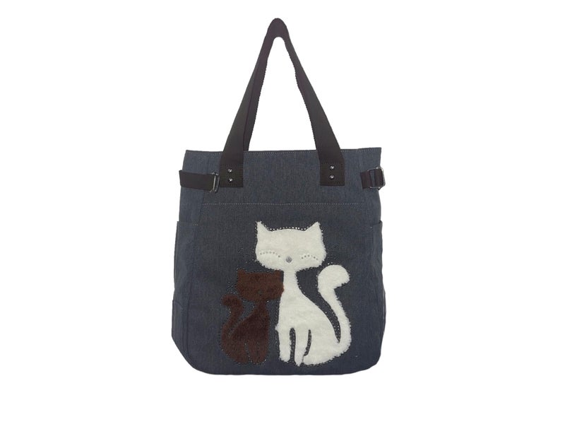 Valentoria Canvas Tote Handbag for Women Cute Cat Embroidery Shoulder Purse Large Zipper Travel Work Shopping Grocery Bags - Image 1