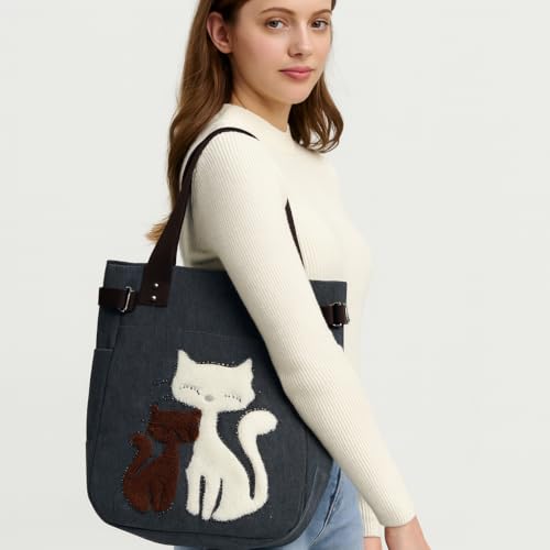 Valentoria Canvas Tote Handbag for Women Cute Cat Embroidery Shoulder Purse Large Zipper Travel Work Shopping Grocery Bags - Image 2