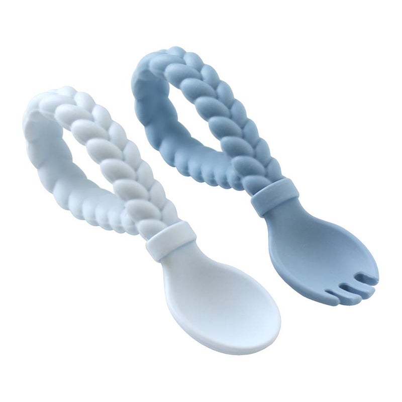 Itzy Ritzy Silicone Spoon & Fork Set; Baby Utensils Featuring a Baby Fork and Spoon with Looped, Braided Handles - Made of 100% Food Grade Silicone & BPA-Free - Ages 6 Months and Up (Blue) - Image 2