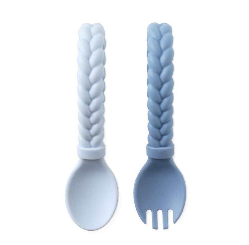Itzy Ritzy Silicone Spoon & Fork Set; Baby Utensils Featuring a Baby Fork and Spoon with Looped, Braided Handles - Made of 100% Food Grade Silicone & BPA-Free - Ages 6 Months and Up (Blue) - Image 1