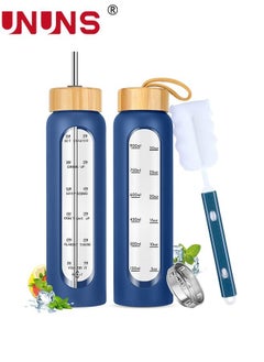 UNUNS 1L Motivational Glass Water Bottle with Time Marker & Silicone Sleeve &  Straw & Bamboo Lids & Fruit Infuser , Leak Proof Reusable BPA Free Motivational Drinking Jug Water Jug  - Image 1