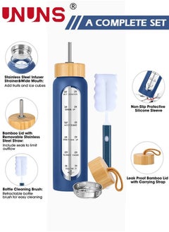 UNUNS 1L Motivational Glass Water Bottle with Time Marker & Silicone Sleeve &  Straw & Bamboo Lids & Fruit Infuser , Leak Proof Reusable BPA Free Motivational Drinking Jug Water Jug  - Image 2