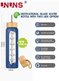 UNUNS 1L Motivational Glass Water Bottle with Time Marker & Silicone Sleeve &  Straw & Bamboo Lids & Fruit Infuser , Leak Proof Reusable BPA Free Motivational Drinking Jug Water Jug  - Image 4