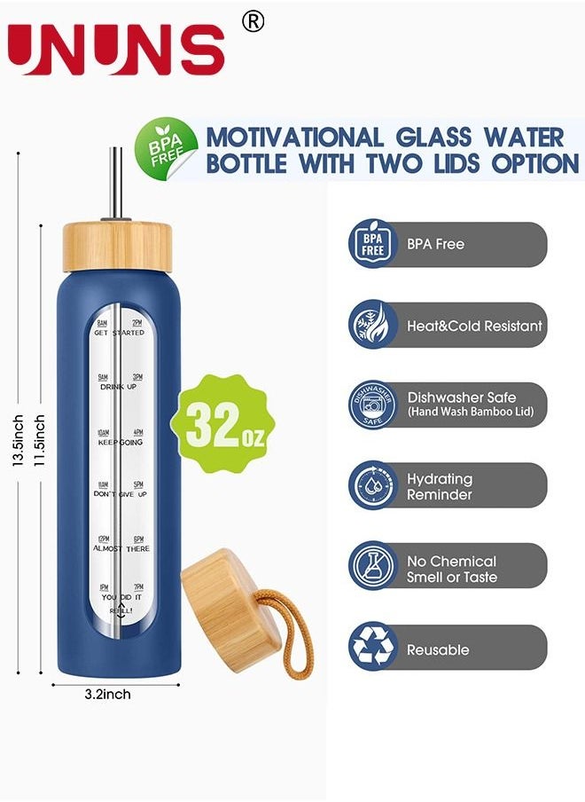 UNUNS 1L Motivational Glass Water Bottle with Time Marker & Silicone Sleeve &  Straw & Bamboo Lids & Fruit Infuser , Leak Proof Reusable BPA Free Motivational Drinking Jug Water Jug  - Image 4