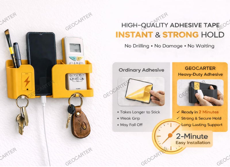 GEOCARTER Wall Mobile Holder | Multi-Purpose Mobile Stand | Remote Holder & Mobile Charging Stand, Phone Stand for Charging with Pen and Key Holder Useful Gadget- Orange - Image 5