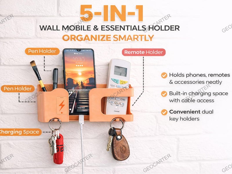 GEOCARTER Wall Mobile Holder | Multi-Purpose Mobile Stand | Remote Holder & Mobile Charging Stand, Phone Stand for Charging with Pen and Key Holder Useful Gadget- Orange - Image 2