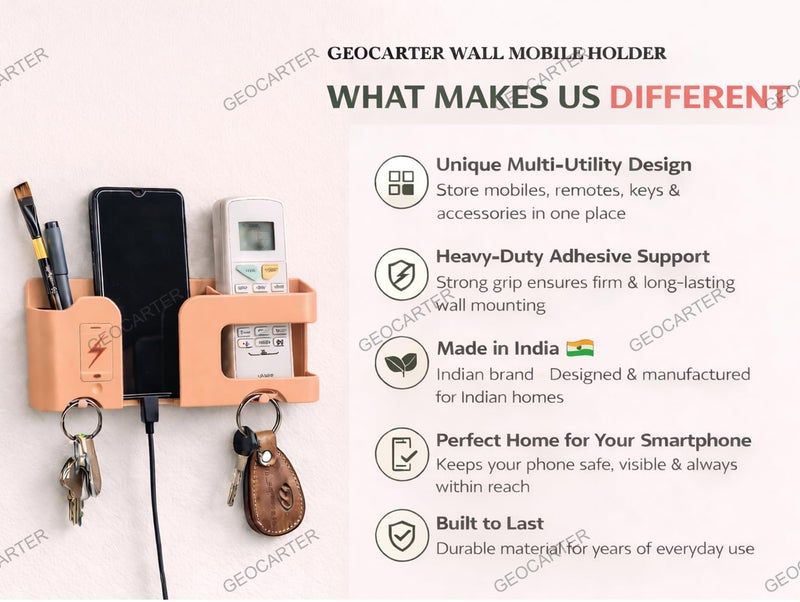 GEOCARTER Wall Mobile Holder | Multi-Purpose Mobile Stand | Remote Holder & Mobile Charging Stand, Phone Stand for Charging with Pen and Key Holder Useful Gadget- Orange - Image 3