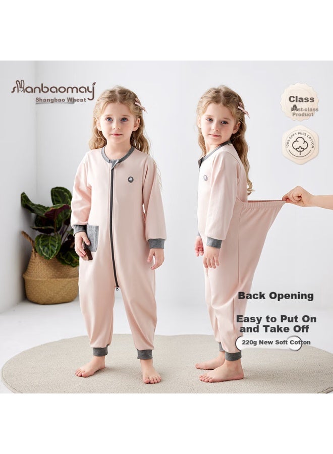 Shanbaomay Spring And Autumn Children's One-piece Pajamas, Cotton Zipper Sleepwear For Boys And Girls, Baby Sleeping Bag Loungewear, Sweat-wicking, Cinnamon Pink, Size 150 - Image 1