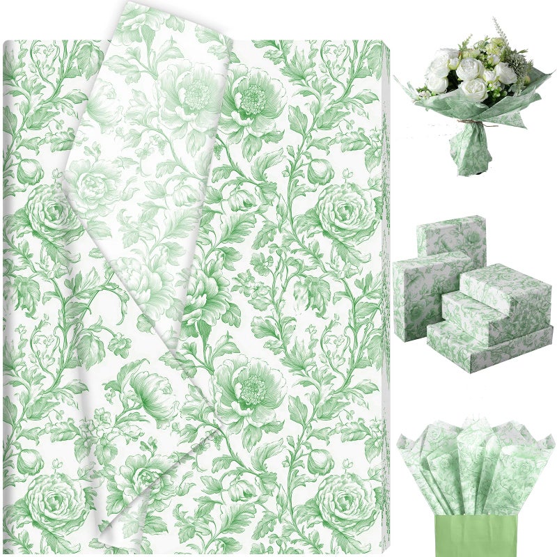 Fabllewavi 100 Sheets Sage Green Flower Tissue Paper, Vintage Flower Pattern Wrapping Paper for DIY Crafts Birthday Wedding Party Supplies, 13.8 x 19.7 Inch - Image 1