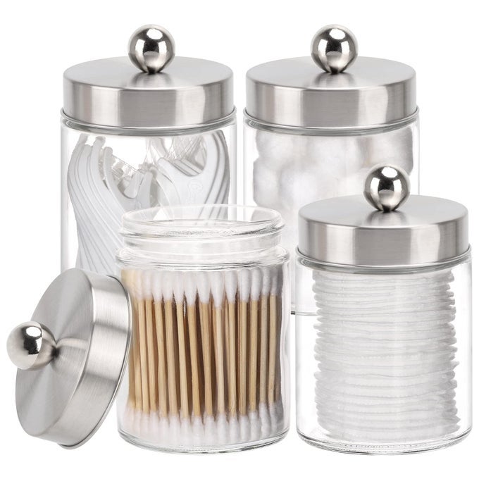 GLASS QTIP HOLDER DISPENSER 10OUNCE BATHROOM CONTAINERS APOTHECARY JARS WITH METAL LIDS FOR COTTON BALL SWAB PAD 4 PACK