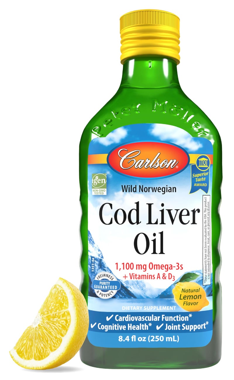 Carlson Cod Liver Oil 1100 mg Omega3s Liquid Fish Oil Supplement WildCaught Norwegian Arctic Sustainably Sourced Nordic Liquid Lemon 250 ml
