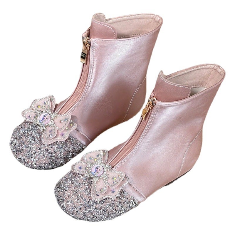 Girl''s Boots Spring and Autumn 2024 New Children''s Princess Boots Little Girl''s fleece-lined Warm Short Boots Baby Elsa Leather Boots - Image 2
