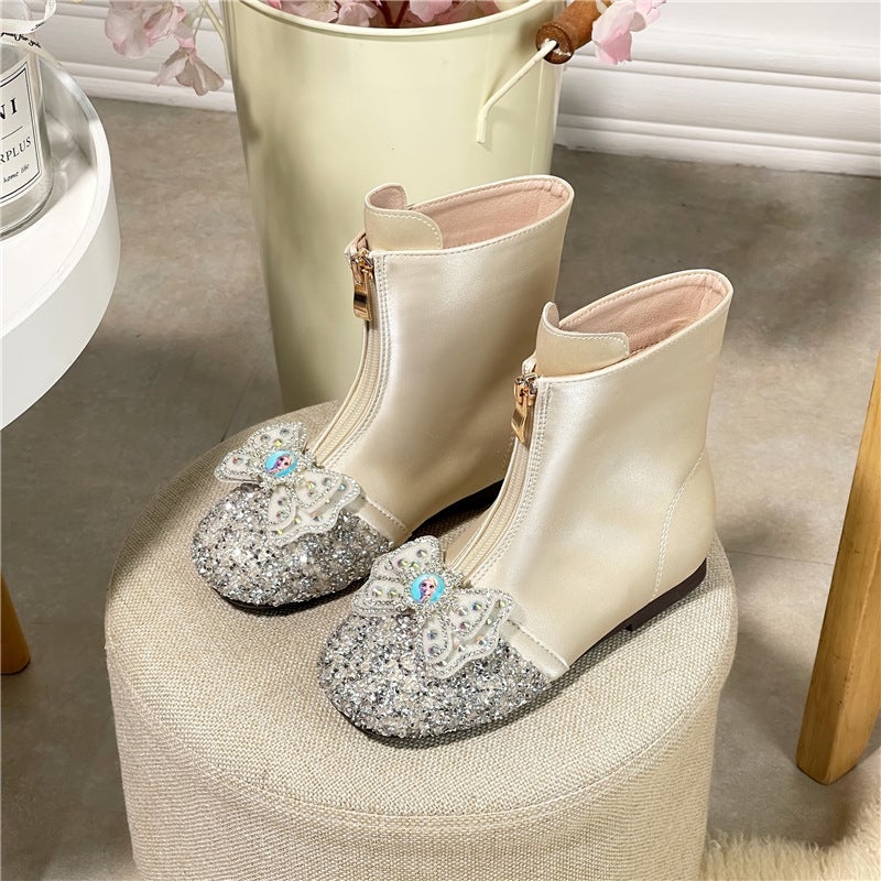 Girl''s Boots Spring and Autumn 2024 New Children''s Princess Boots Little Girl''s fleece-lined Warm Short Boots Baby Elsa Leather Boots - Image 1
