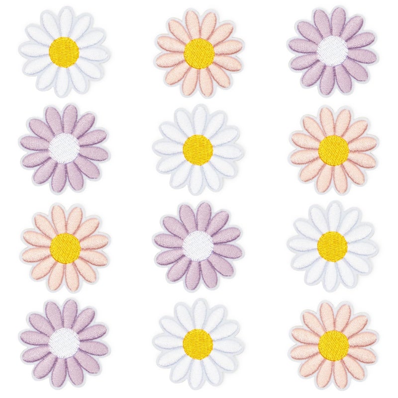 Bright Creations Flower Iron On Patches Customizable Iron On Flower Patches Embroidery Appliques Daisy Motif Accents for Backpacks Clothes Pack of 12 18 x 18 in WhiteYellowPurple
