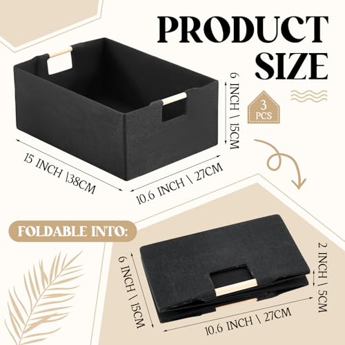 Cinnvoice 3 Pack Fabric Storage Bins for Closet Shelves Rectangle Wardrobe Organizer with Handle Collapsible Shelves Storage Basket for Sorting Clothes and Toy Black15 x 106 x 6 Inch - Image 3