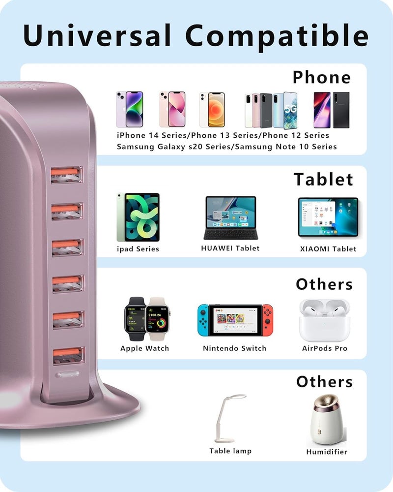 في اتش بي دبليو محطة شحن USB VHBW بقدرة 50 واط، شاحن USB متعدد بستة منافذ على شكل برج لأجهزة iPhone 15/14/14 Pro/14 Pro Max وAndroid وSamsung (ذهبي وردي 50 واط) - Image 4