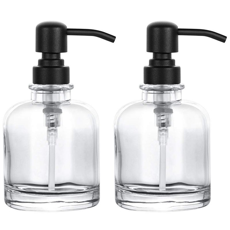 2 Pcs Thick Clear Glass Jar Hand Soap Dispenser Bathroom with Matte Black Stainless Steel Pump 12ounce Clear Boston Round Bottle Dispenser with Rustproof Pump for Kitchen Dish Matte Black