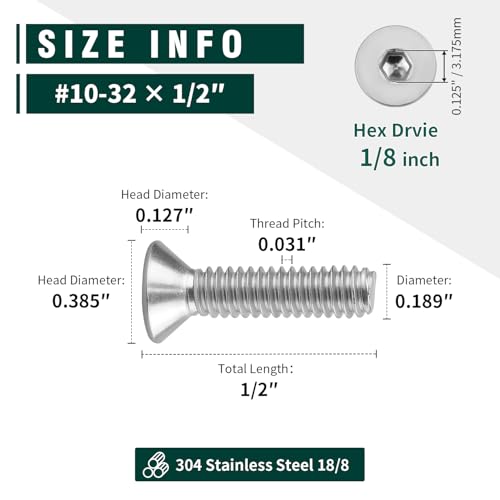EASTLO #10-32 x 1/2" Flat Countersunk Head Socket Cap Screws, 304 Stainless Steel 18-8 SS, Full Machine Thread Coverage, Allen Hex Drive, 50 PCS - Image 4