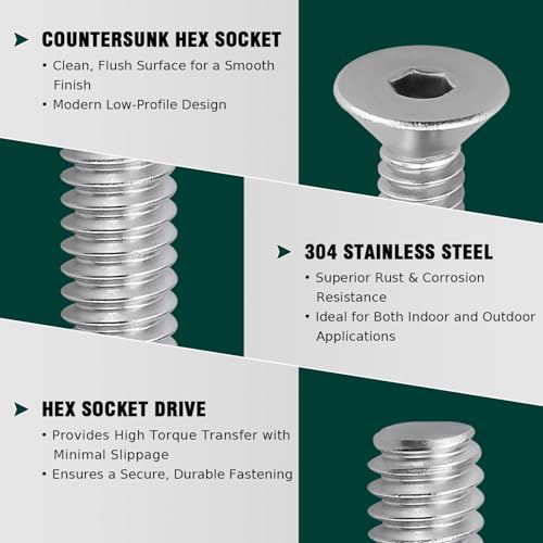 EASTLO #10-32 x 1/2" Flat Countersunk Head Socket Cap Screws, 304 Stainless Steel 18-8 SS, Full Machine Thread Coverage, Allen Hex Drive, 50 PCS - Image 3