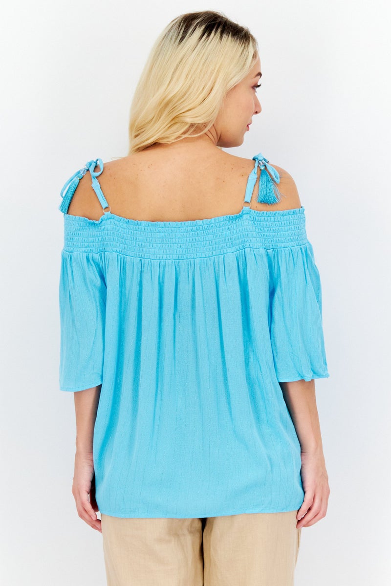 JM Collection Women Petite Tie Shoulder Short Sleeves Textured Top, Sky Blue - Image 3