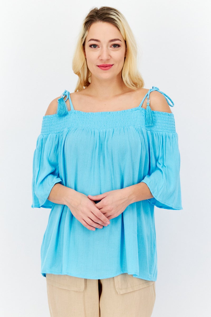 JM Collection Women Petite Tie Shoulder Short Sleeves Textured Top, Sky Blue - Image 1