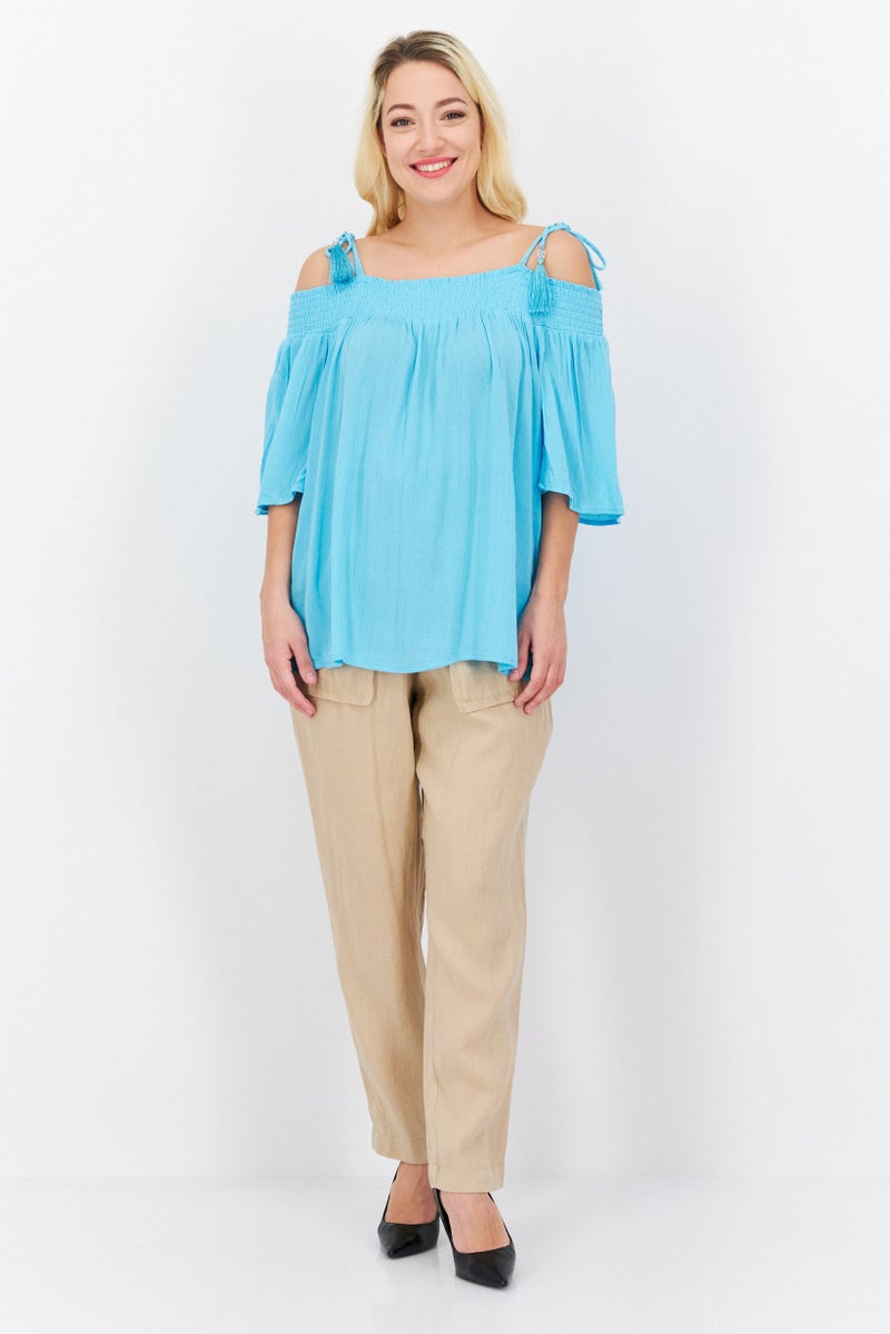 JM Collection Women Petite Tie Shoulder Short Sleeves Textured Top, Sky Blue - Image 4