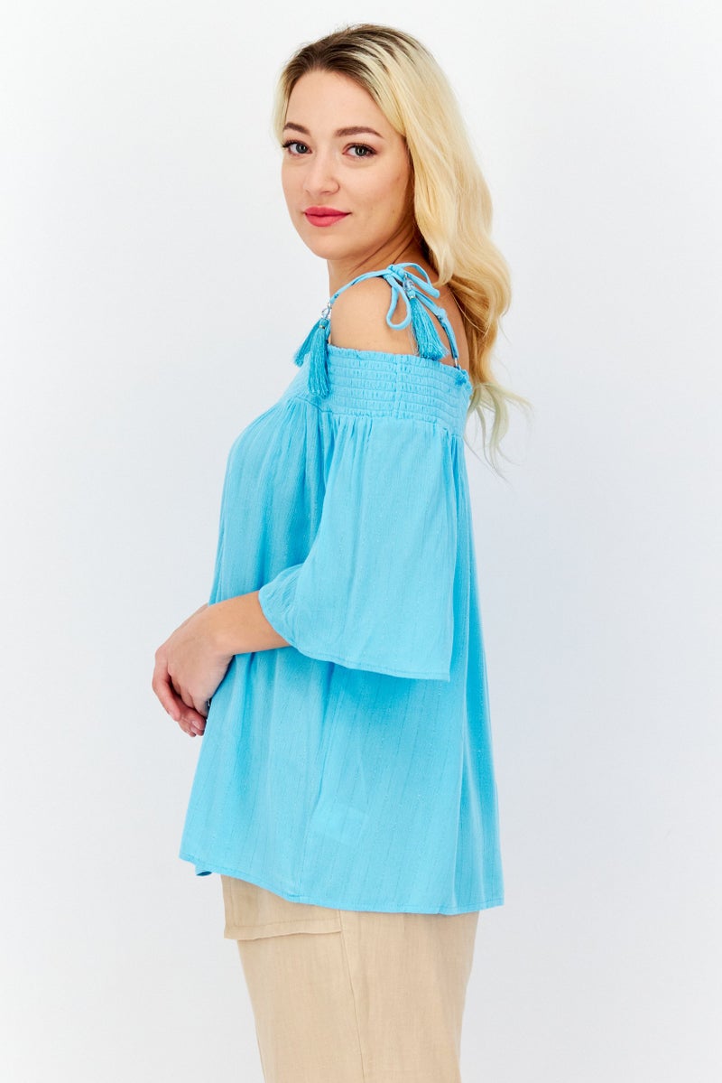 JM Collection Women Petite Tie Shoulder Short Sleeves Textured Top, Sky Blue - Image 2