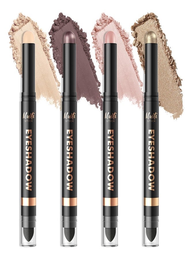 Euphily 4-color Dual-Ended Matte Eyeshadow Sticks Set, Cream Nude Desert Brown Pink Long-Lasting Lightweight Eye Shadow Pencil, Smooth Blendable Natural Eye Makeup Crayon with Built-in Blender Brush for Women - Image 1