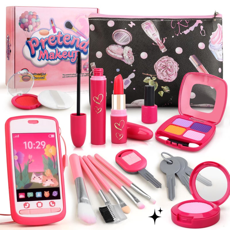 Woumserta Pretend Makeup Kit for Girls Play Makeup Set for Kids 35 Toddler Makeup Kit with Fake Makeup Set Car Key and Pretend Phone Make up Toy Fake Makeup Gifts for Little Girls Birthday Gift - Image 2
