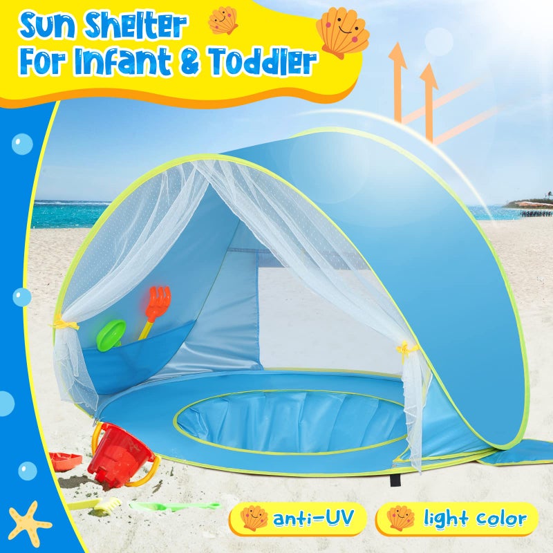 Monobeach Baby Beach Tent, Beach Canopy Sun Shelter UPF50+ UV Protection Baby Pool with Canopy, Easy Set Up Pop Up Baby Beach Shade Pool for Toddlers Outdoor Camping Pool Fun (Front Mesh Blue) - Image 2