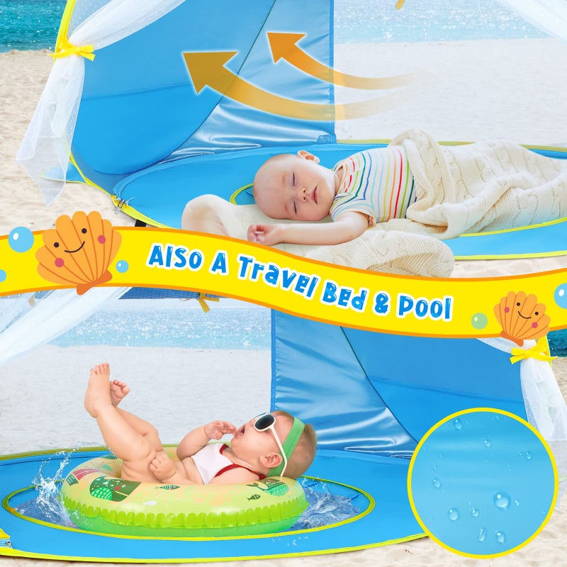 Monobeach Baby Beach Tent, Beach Canopy Sun Shelter UPF50+ UV Protection Baby Pool with Canopy, Easy Set Up Pop Up Baby Beach Shade Pool for Toddlers Outdoor Camping Pool Fun (Front Mesh Blue) - Image 3
